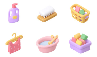 Soft Pastel Clay 3D Laundry Essentials Mini Icons Isolated on Transparent Background