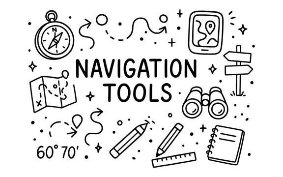 Hand drawn navigation tools with compass, map, and directions icons