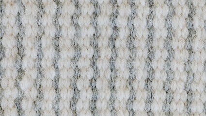 Close up shot of a textured white and gray carpet pattern with vertical stripes and looped pile fibers