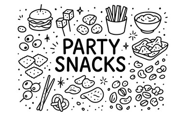 Delicious party snacks in doodle art style with fries, nachos, and sliders