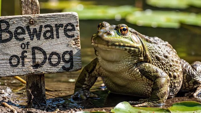 Frog Sits Near 'Beware of Dog' Sign at Pond Edge on Sunny Day