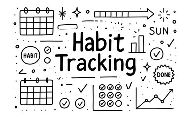 Habit tracking concepts in black and white doodle style with icons and charts