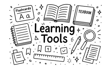 Plakat Doodle learning tools featuring books, flashcards, and stationery in black and white