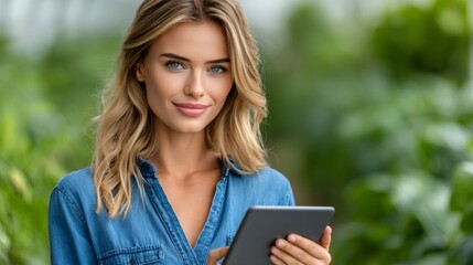 Woman using tablet for smart farming in greenhouse