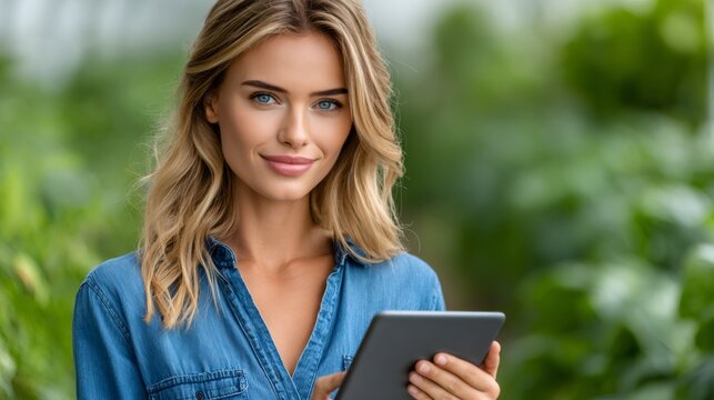 Woman using tablet for smart farming in greenhouse - Powered by Adobe