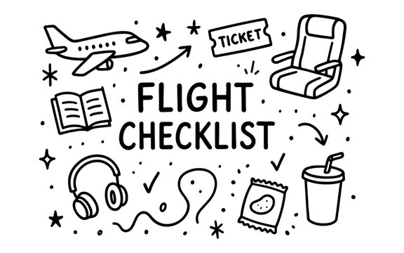 Essential air travel doodle checklist with plane and headphones