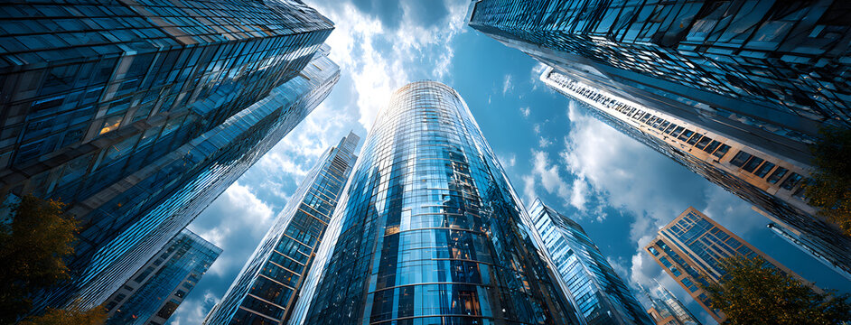 wide panoramic cover background view from below image of skyscrapers in a modern city with blue sky and clouds through glass building facades