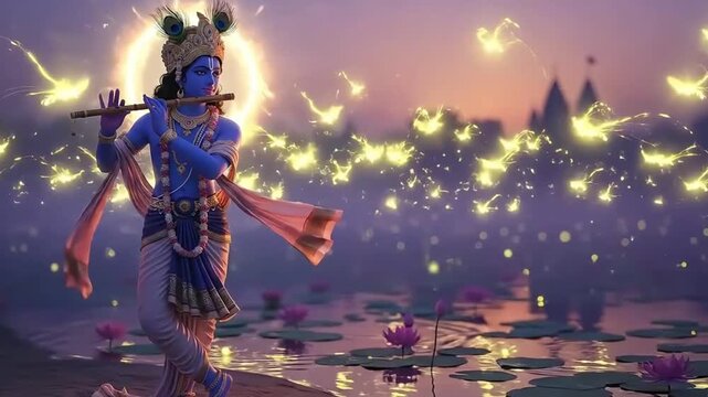 Divine Lord Krishna playing his flute by a serene lake with lotus flowers at sunset