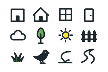 Icon house door square sun icons vector tree grass chimney minimalist fence
