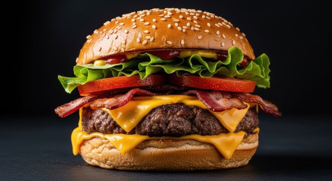 Delicious Bacon Cheeseburger on Dark Background - Powered by Adobe
