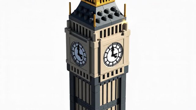 Close up of a big ben clock tower model constructed from plastic building block toy bricks isolated on white background