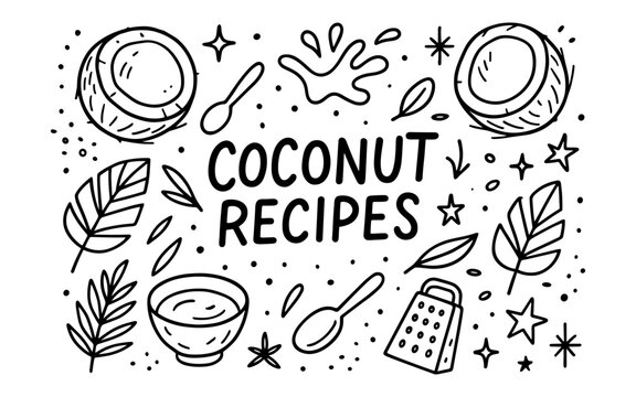 Coconut recipes hand drawn design with kitchen utensils and tropical elements