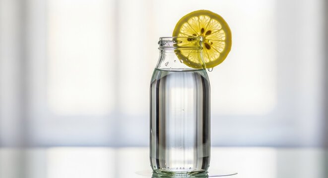 Enjoy refreshing hydration with a bottle of sparkling water and a vibrant lemon slice, perfect for a healthy lifestyle or a rejuvenating spa day experience