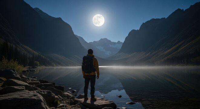 Hiker looking at full moon over mountain lake at night
