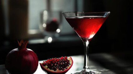 Video A glass of red wine and a pomegranate on a wooden table, perfect for a romantic dinner or special occasion