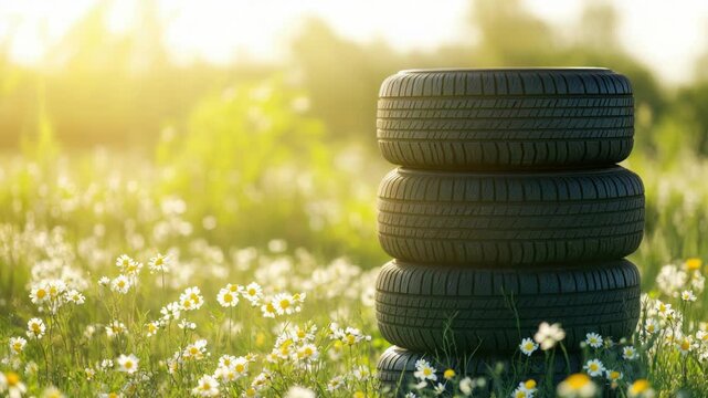 Video A of a stack of tires surrounded by colorful flowers