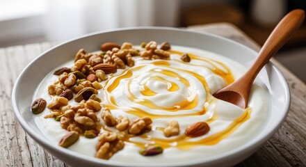 Delicious yogurt bowl with honey and nuts for a healthy breakfast or snack, enjoy this creamy, sweet and crunchy treat to fuel your day or satisfy sweet cravings