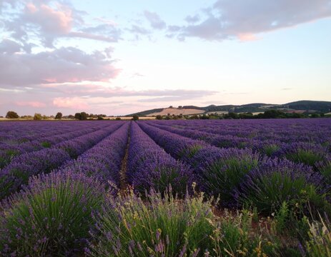 Endless lavender rows glowing in soft sunset light
