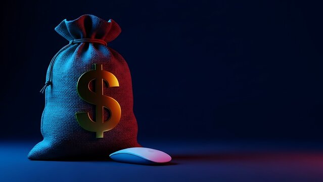 Blue burlap money bag with golden dollar sign and computer mouse image