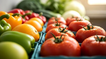 Fresh red tomatoes and colorful bell peppers in blue containers oranges vegetables