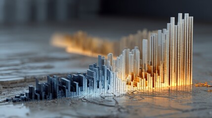 Abstract visualization of urban development depicted through dynamic bar graphs representing city growth and transformation over time