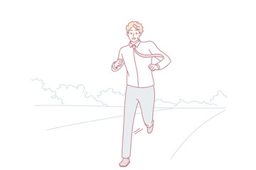 person jogging with coffee on trail, light pace with earbuds, casual activewear, open field backdrop, fresh air vibe, wellness routine, motion and momentum in minimalist sketch