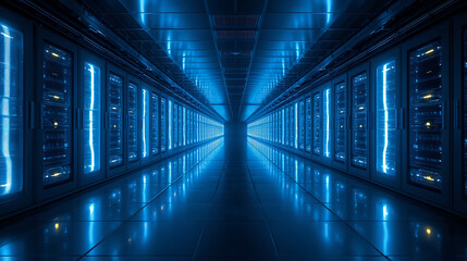 Modern data center server room hallway with glowing blue light