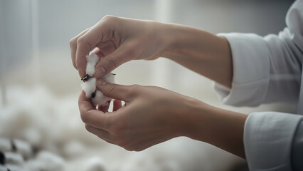 Gentle hands delicately handling soft organic cotton, showcasing natural fibers