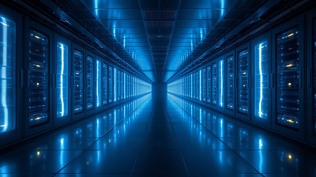 Modern data center server room hallway with glowing blue light - Powered by Adobe