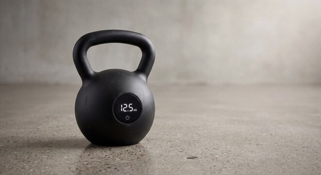 A modern smart kettlebell for home fitness workouts on a minimalist concrete background