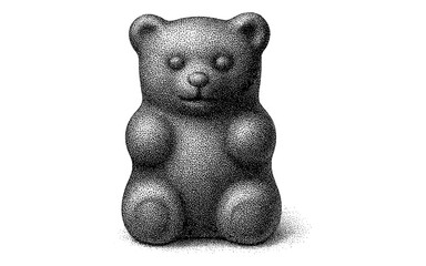 Stippled black and white bear figure with dot art style