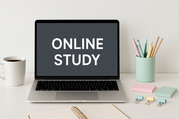 Online study laptop workspace cup pen holder notebook pastel color sticky notes binder clips minimal desk setup modern workspace setup simple compose kavdtjfdhsejdzgcek
