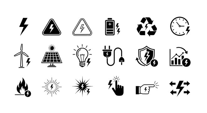 energy and electricity icon set in black and white, power, charging, renewable resources, battery, solar, and wind vector symbols