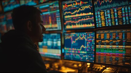 A single investor stares at multiple computer screens displaying complex stock charts and live data. - Powered by Adobe