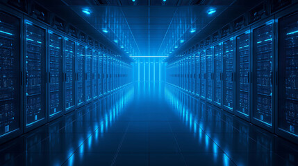 Futuristic data center aisle with glowing blue server racks