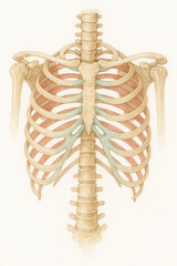 Human rib cage anatomy illustration with spine and clavicle bones, detailed watercolor style showing thoracic vertebrae and ribs structure
