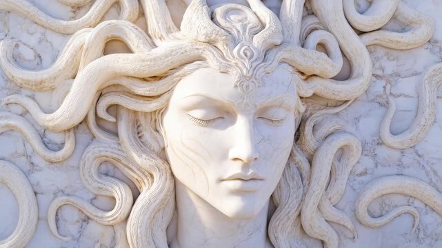 A marble sculpture of Medusa, the legendary beautiful Gorgon in the ancient Greek mythology