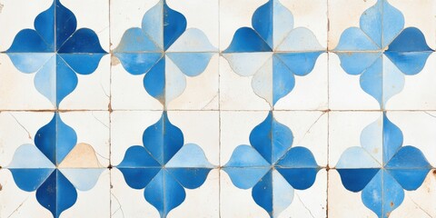 Blue and white geometric pattern tiles with ornate design and vintage ceramic texture used as decorative background or wall art. Portuguese design