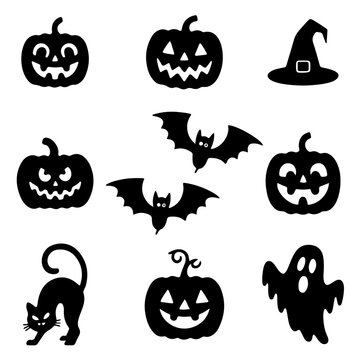 Halloween Black Silhouette Icon Set: Jack O'Lanterns, Bat, Cat, Witch Hat, and Ghost (Highly specific, covers all key elements)