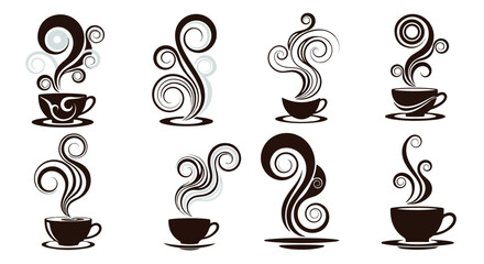 Coffee cup swirls and steam stylized icons