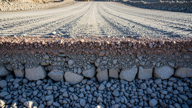 Close-up of access road base layers with compacted gravel and coarse rock structure, detailed layered structure for mining visualization, construction documentation and road design training materials.