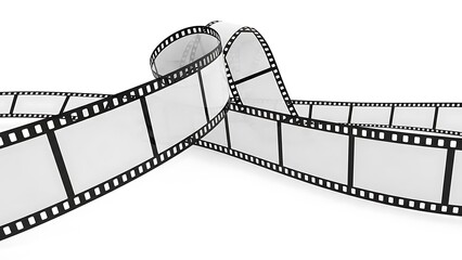 Blank film strip curving across white background movie cinema