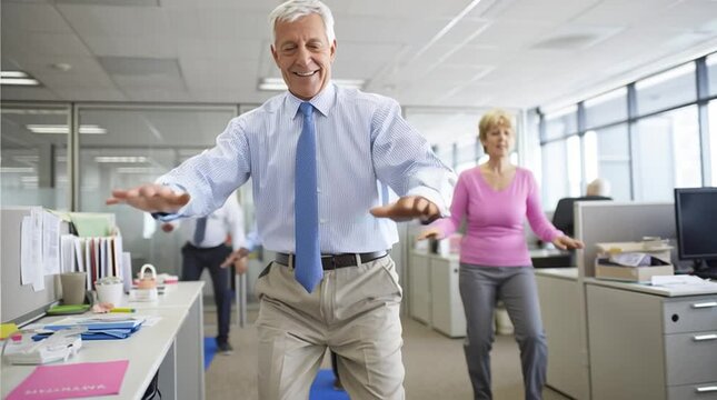 A group of older office workers aged 60+ take a short exercise break together at their workplace, demonstrating team cohesion and health awareness.