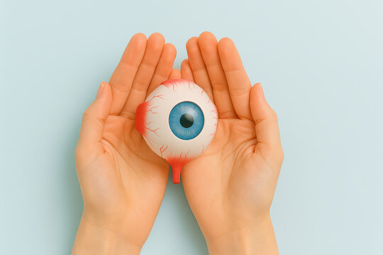 Hands holding detailed model of human eyeball with blue iris and visible blood vessels on light background, symbolizing eye care and vision health awareness - Powered by Adobe