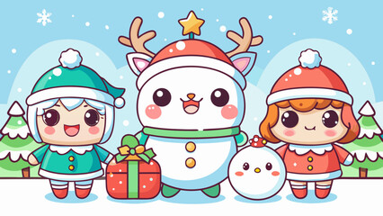 Naklejka premium Adorable Christmas vector illustration of smiling children elves with a friendly snowman and cute reindeer in a snowy winter wonderland — pastel kawaii holiday characters perfect winter landscape art