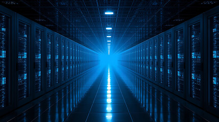 Data center hallway with blue glowing servers and network racks