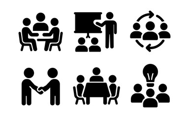 Business meeting silhouettes and teamwork icons for presentations and collaboration