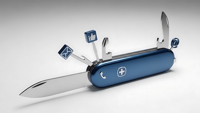 Blue Swiss Army knife with social media icons and tools metallic - Powered by Adobe