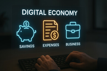Digital economy concept with glowing icons of savings, expenses, and business on transparent screen above keyboard, showing hands typing in dark environment