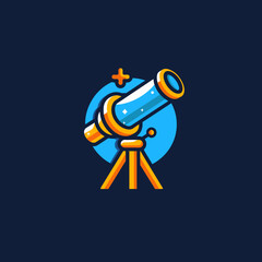 Obraz premium A stylized illustration features a telescope on a tripod set against a blue circle on a dark background